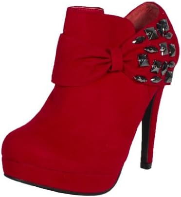 Dami-1! By RCK Bella Almond Toe Side Jeweled Ankle Bootie with Side Zipper, red faux suede, 6 M