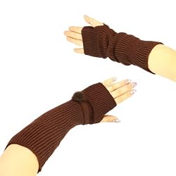 Winter Ribbed Knit Hand Arm Warmer Fingerless Real Fur Pom Pom Long Gloves Brown