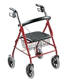 Walkabout 8 Wheel Folding Deluxe Lite Rollator with Loop Brakes, Padded Seat and Basket, Red