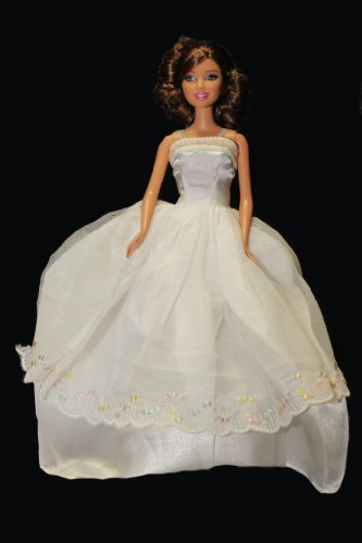 White Barbie Sized Doll Gown with Mini Embroidered Flowers
