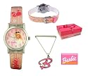 Girls Barbie Watch with Pink and Orange Durable Strap and Pink Dial - Comes with Barbie Necklace - Gift Set