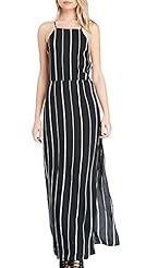 Polyester Striped Print Spaghetti Strap Slit Backless Maxi Dress 