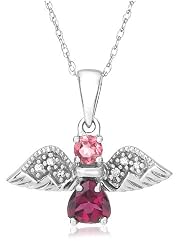 10K White Gold Pink Tourmaline and Rhodolite Garnet Angel Pendant with Diamond-Accent