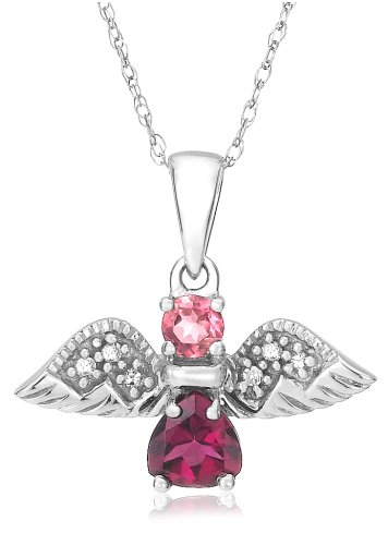 10K White Gold Pink Tourmaline and Rhodolite Angel Pendant w/ Diamond Accent