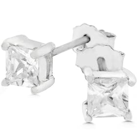 White Gold Rhodium Bonded to .925 Sterling Silver 5mm Princess Cut CZ Stud Earrings, 1 ct Total in Silvertone
