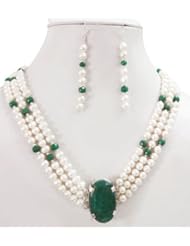 3 Strands Elegant Natural Faceted Emerald & Pearl Beaded Necklace with 925 Sterling Silver Oval Emerald Clasp + Free Earrings