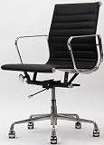 Ribbed Mid Back Office Chair in Genuine Black Leather and Aluminum Base