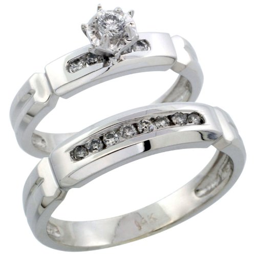 14ct White Gold 2-Piece Diamond Ring Band Set w/ Rhodium Accent ( Engagement Ring & Man's Wedding Band ), w/ 0.28 Carat Brilliant Cut Diamonds, ( 4mm; 5mm ) wide, size P