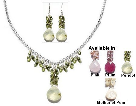 Click here to buy Bellissimo Necklace and Earring Set - Peridot pearls, crystals, quartz.