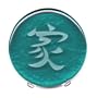 Nancy Gong's Art Glass Blessing, Calligraphy Translates to "A Home; A Family," Hand Cast and Carved on 5" Diameter X 3/4" thick Emerald Green Glass. Freestanding desktop display.