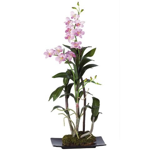 New Nearly Natural Dendrobium w/Black Rectangle Dish Perfect Brilliant Color Wonderful Attractive
