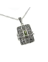 Antiqued Marcasite and Peridot Photo Locket Pendant Sterling Silver with 18" Chain Necklace