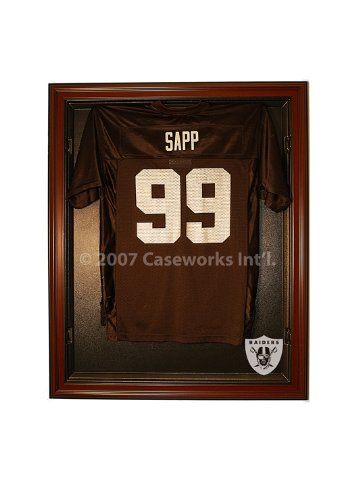 Oakland Raiders Football Jersey Display Case Cabinet Style with Mahogany Finish Frame