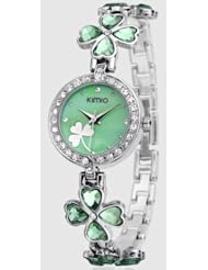 KIMIO K456L Ladies Quartz Bracelet Wristwatch Lucky Grass Flower Diamond Wrist Watch Daily Waterproof Stainless Steel Green