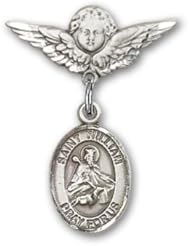 Sterling Silver Baby Badge with St. William of Rochester Charm and Angel with Wings Badge Pin