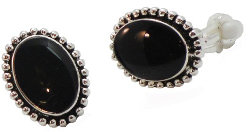Beautiful Classic Black Oval Clip on Earrings with Silver Beaded Edges