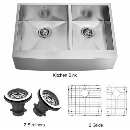 Vigo Industries VG3620BLK1 Farmhouse Two Grids Two Strainers Kitchen Sink, Steel