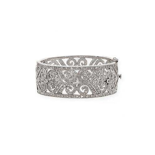 Sterling Silver Cubic Zirconia Filigree Heart Design Bangle Bracelet