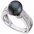 14K White Gold Fresh Water Black Cultured Pearl And Diamond Ring