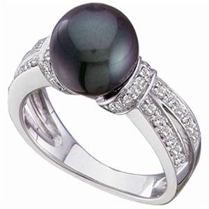 14K White Gold Fresh Water Black Cultured Pearl And Diamond Ring