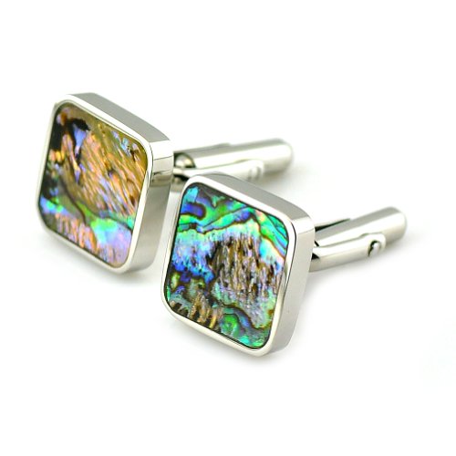 PenSee Rare Stainless Steel & Abalone Shell Square Cufflinks for Men with Gift Box