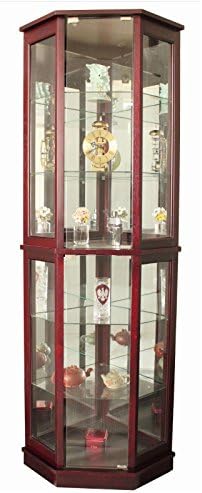 Cherry Keepsake Corner Curio Cabinet. Beautiful Floor Standing 5 Sided Corner Curio Cabinet Makes a Tall Lighted Display Case for Collectibles