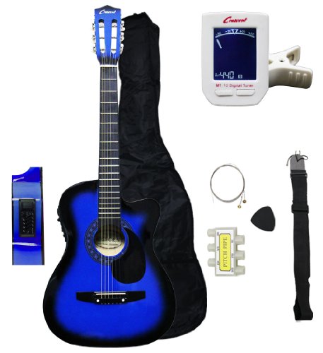 Crescent 38″ Inch Blue Acoustic Electric Guitar Starter Kit Cutaway Style (Gig Bag, Extra Strings, Pick, Crescent Digital E-tuner Included)