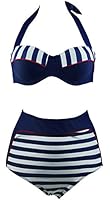Cocoship Retro Navy Blue Stripe Black Polka Dot High Waist Bikini Swimsuit(FBA)