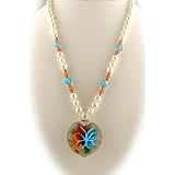 Murano Glass Orange Aqua Butterfly Heart Pendant Freshwater Pearl Necklace Sterling Silver 1296