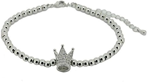 4mm Beaded Copper Zircon Crown Charm Bracelet White Silver 7.5 Inches for Men