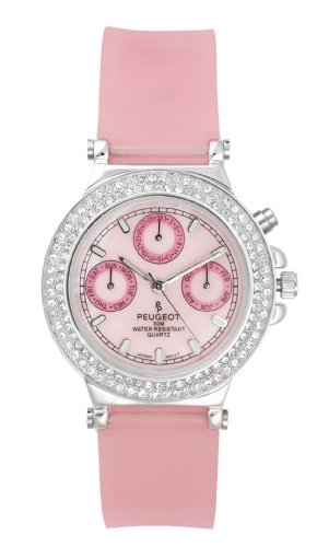 Peugeot Women's 328PK Silver-Tone Swarovski Crystal Accented Multi-Function Pink Rubber Strap Watch