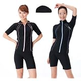 (ルモード)lemode フィットネス水着106 キャップ付 ジッパー調整で襟 半袖セパレート フロントジッパー レディース女性用