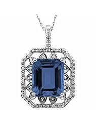 14K White Gold Emerald Cut London Blue Topaz and Diamond Pendant -- LIFETIME WARRANTY