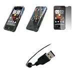 HTC Droid Incredible – Premium Carbon Fiber Rainbow Stars Design Snap-On Cover Hard Case Cell Phone Protector + Crystal Clear Screen Protector + USB Data Charge Sync Cable for HTC Droid Incredible