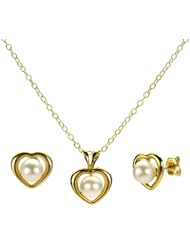 Heart Shape "Love" 14k Yellow Gold and 5-6mm Perfect Round White Freshwater Cultured Pearl High Luster As a Pendant with 14k Yellow Gold Over Silver Cable Chain Necklace 18" Length with Matching Heart Shape Stud Earring.
