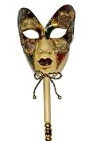 Venetian Full Face Mask with Stick in Green and Red