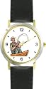 Old Fisherman or Man in Boat Fishing - WATCHBUDDY&reg; DELUXE TWO-TONE THEME WATCH - Arabic Numbers - Black Leather Strap-Women's Size-Small