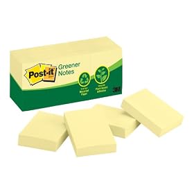 Post-it® Notes, Original Pad, 1-1/2 Inches x 2 Inches, Recycled, Canary Yellow, 12 Pads per Pack
