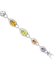 Sterling Silver & Rhodium Plated Ladies 7 1/4" Bracelet, w/ Pear Cut Cubic Zirconia Stones in Assorted Colors (Peridot, Pink, Light Amethyst, Yellow Topaz & Citrine), 9/16" (14mm) wide