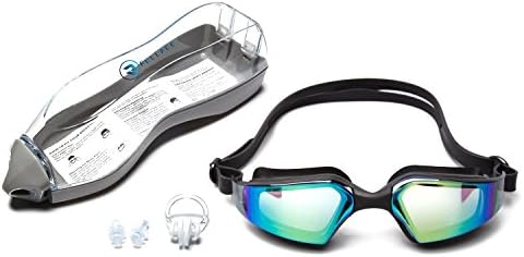 Rullaco Swimming Goggles Anti Fog - Water Glasses Mirrored UV Protection Tinted Lenses for Water Sports - Free Case, Ear plugs, Nose Clip Accessories - Open Water Swim Equipment for Women Men Black