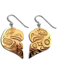 14K Yellow Gold Northwest Coast Native American Lovebirds Earrings. Made in USA.