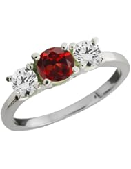1.10 Ct Round Red Garnet and White Diamond 18k White Gold Ring