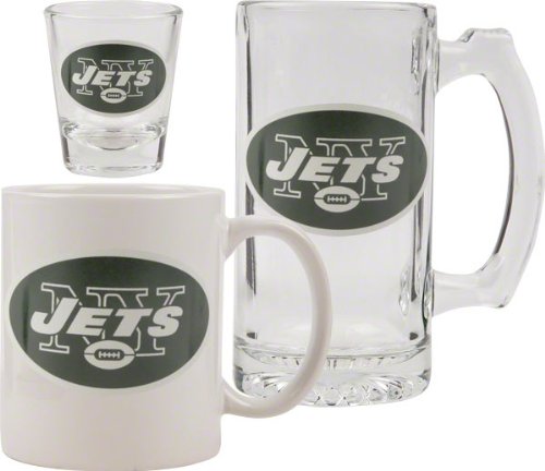 New York Jets Glassware Set: 3D Logo Tankard, Coffee Mug, Shot Glass