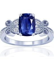 Platinum Cushion Cut Blue Sapphire Ring With Sidestones