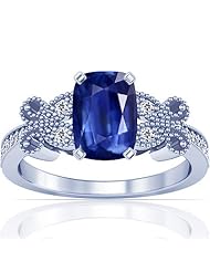 14K White Gold Cushion Cut Blue Sapphire Ring With Sidestones