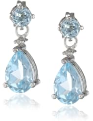 Sterling Silver, Diamond Accent and Blue Topaz Linear Teardrop Post Earrings