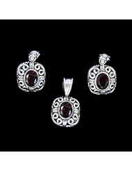 925 Sterling Silver Garnet Oval Faceted Gemstone Earrings And Pendant Set Ethnic Jewelry