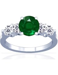 18K White Gold Round Cut Emerald Ring With Sidestones
