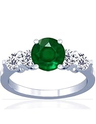 14K White Gold Round Cut Emerald Ring With Sidestones
