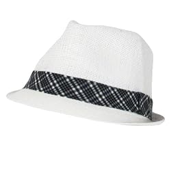 Plaid Band Summer Light Fedora Trilby Hat White Black M/L